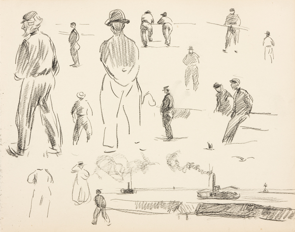 Figuurstudies, stoomschepen in havenmond (uit: Zeventien schetsboekbladen Enkhuizen)